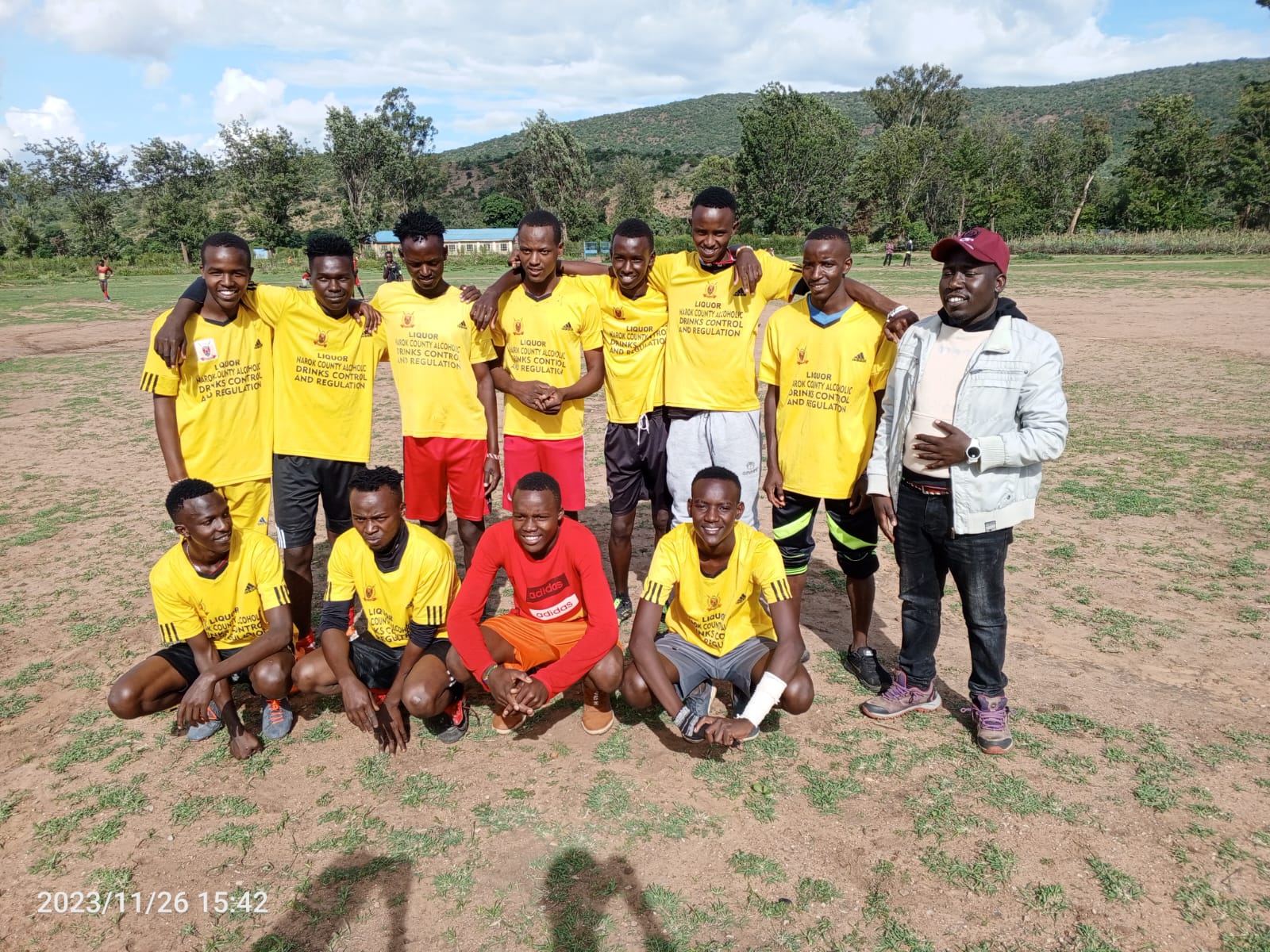 Kanunka Cranes FC squad celebrating away victory in Narok County league